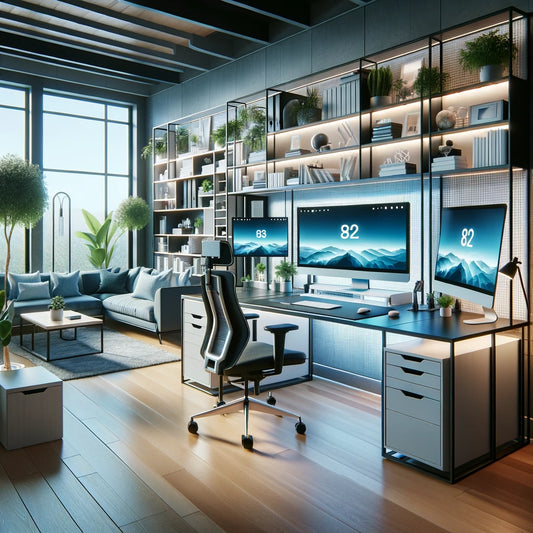 Modern hybrid home office with an ergonomic chair, spacious desk with monitors, shelving, and natural light. Decor includes indoor plants and a minimalistic design in soft blues and neutrals, optimizing productivity and comfort.